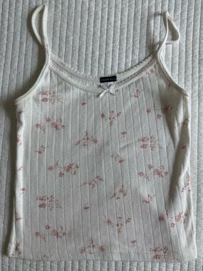 Brandy Melville Cream Ribbed Floral Cami with Pink Blossoms